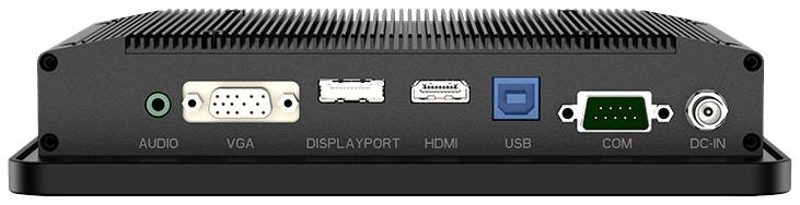Achterkant van een elektronisch apparaat met aansluitingen: Audio, VGA, DisplayPort, HDMI, USB, COM en stroomaansluiting (DC IN).