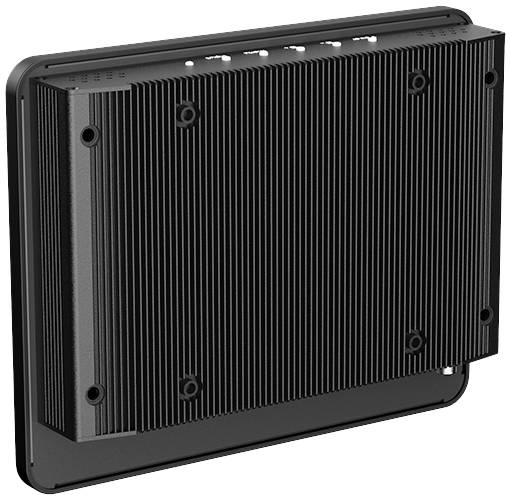 Een rechthoekig, zwart geribbeld metalen behuizing van een elektronisch apparaat, mogelijk een passieve pc of vergelijkbare hardware.