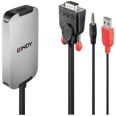 'HDMI naar VGA-adapter van Lindy', zilverkluis, bevat HDMI-, VGA-, audio- en USB-connectoren, voor het aansluiten van moderne apparaten op oudere monitors.