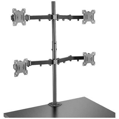 Een zwarte monitorarm met twee flexibele beugels, die elk twee monitoren kunnen vasthouden. Hij is gemonteerd op een stabiele basis.