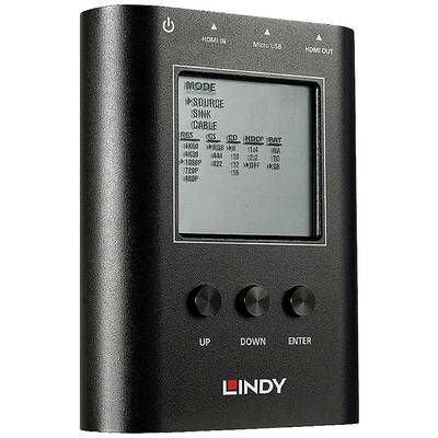 Draagbaar testapparaat met display toont HDMI-instellingen zoals 'Bron', 'Ontvanger', 'Kabel' en resoluties. Drie knoppen: 'Omhoog', 'Omlaag', 'Enter'.
