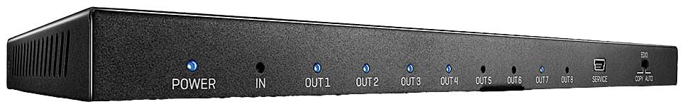 Een zwarte netwerk-switch met meerdere aansluitpoorten, blauw oplichtende LED-indicatoren en een USB-poort aan de rechterkant.