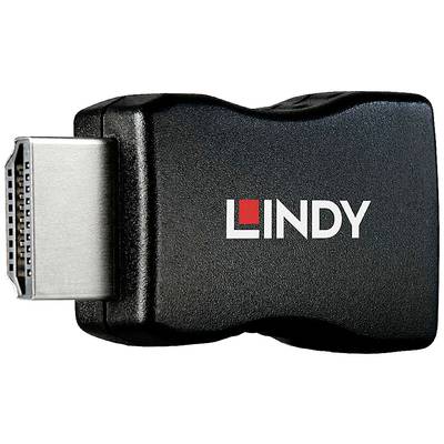 Zwart-rode adapter met opdruk 'Lindy', HDMI-stekker links.