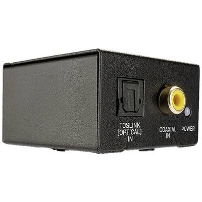 Zwarte audio-converter met 'TOSLINK (OPTISCH) IN', 'COAXIAAL IN' en 'POWER'-aansluiting aan de voorzijde.