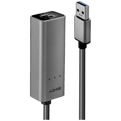 'USB 3.0 naar Gigabit Ethernet Adapter in Grijs. Toont een USB-stekker en een LAN-poort op een rechthokkige behuizing.'