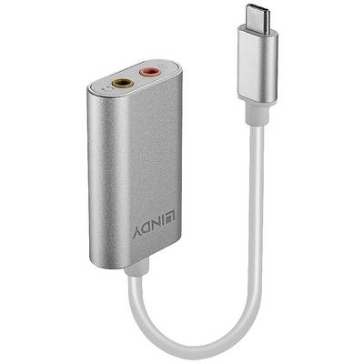 Een zilveren USB-C-adapter met twee aansluitingen voor koptelefoon en microfoon, geschikt voor het aansluiten van audio-accessoires op USB-C-apparaten.