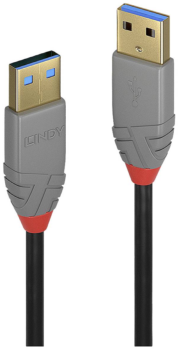 'Twee USB 3.0-kabelstekkers met een grijs behuizing en een rode accent. Eén toont de voorkant, de andere de achterkant.'