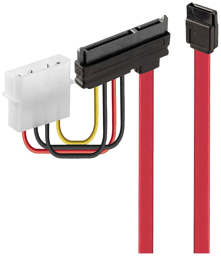 Een SATA-stroom- en datakabelset: links een Molex-naar-SATA-stroomadapter, rechts een rood SATA-datakabel.