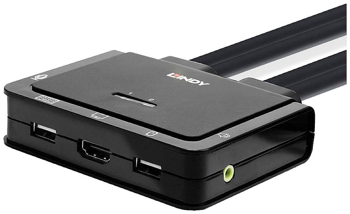 Een zwarte USB-KVM-switch met meerdere aansluitingsmogelijkheden voor muis, toetsenbord en monitor. Links is een audiopoort zichtbaar.
