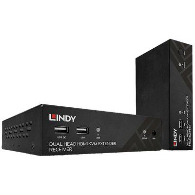 Twee zwarte LINDY-apparaten voor HDMI-verlenging, met USB-poorten en bedrijfsindicatoren, naast elkaar geplaatst.