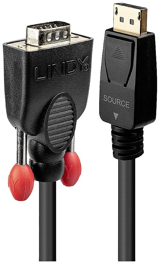 'VGA naar DisplayPort adapterkabel van Lindy, zwart met rode schroeven, geschikt voor beeldschermen en monitors, voor videoverdeling.'