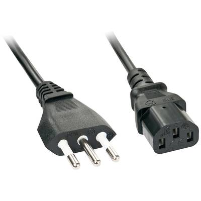 Zwart netwerkkabel met tweepins-stekker links en driepolige IEC-stekker rechts, voor het aansluiten van elektronische apparaten op een stroombron.
