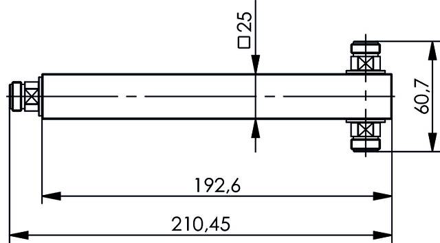 Constructietekening van een cilinder met lengtespecificaties: Totale lengte 210,45 mm, afstand tot schroef 192,6 mm, diameter 60,7 mm.