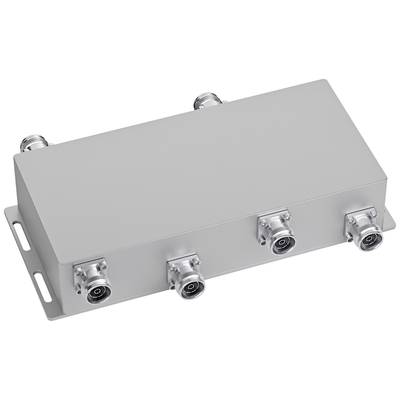 Metalen elektronische behuizing met vier ronde aansluitingen aan de zijkant.