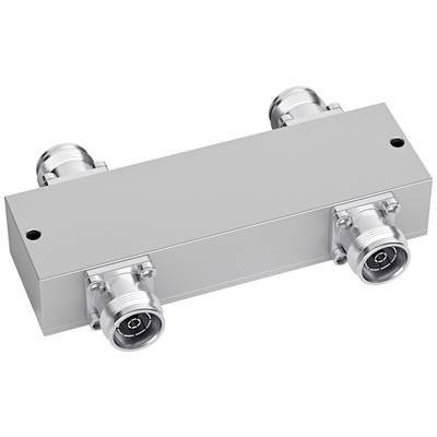 'Metalen RF-splitter met vier aansluitingen, geschikt voor signaalverdeling in radiocommunicatiesystemen.'