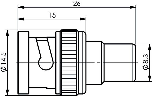 Technische tekening van een stekkerverbinding met maatvoering: diameter 14,5 en 8,3, alsmede lengtes van 26 en 15 millimeter.