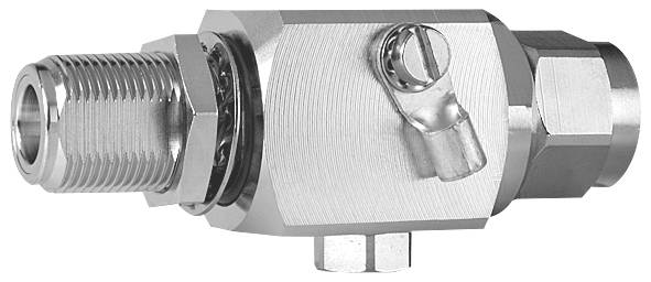 Een metalen, cilindrisch verbindingselement met een schroef aan de zijkant, vermoedelijk een onderdeel van een hydraulische of pneumatische installatie.