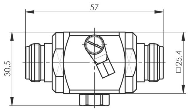 Technische tekening van een connector met afmetingen: lengte 57, breedte 30,5, hoogte 25,4 millimeter. Gecentreerd ventiel met pijl.