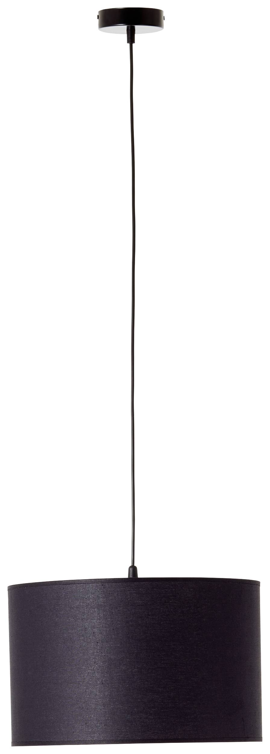 Een zwarte hanglamp met een cilindervorming lampenkap hangt aan een kabel van het plafond.