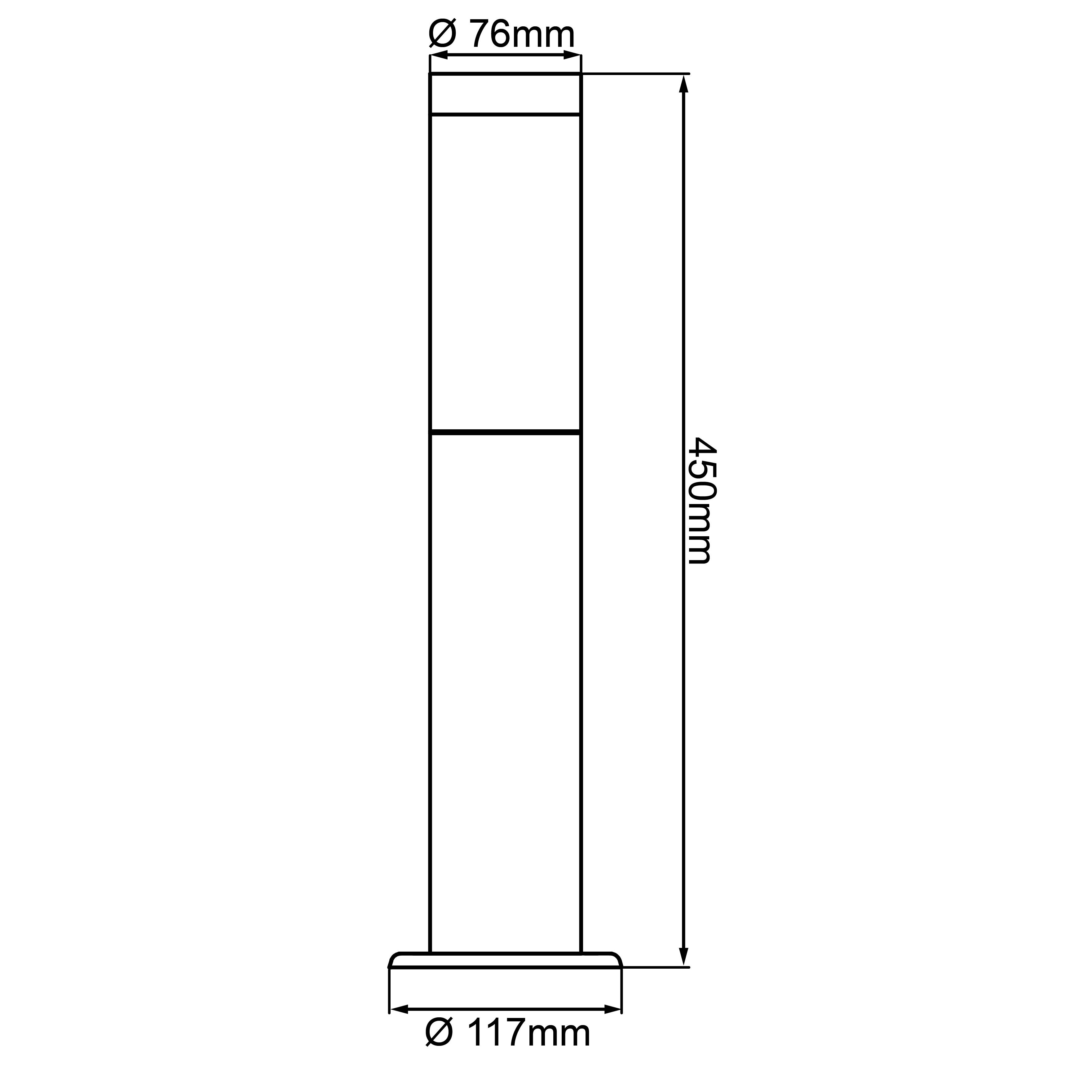 Technische tekening van een cilindrische zuil. Hoogte: 450 mm. Diameter boven: 76 mm, onder: 117 mm.