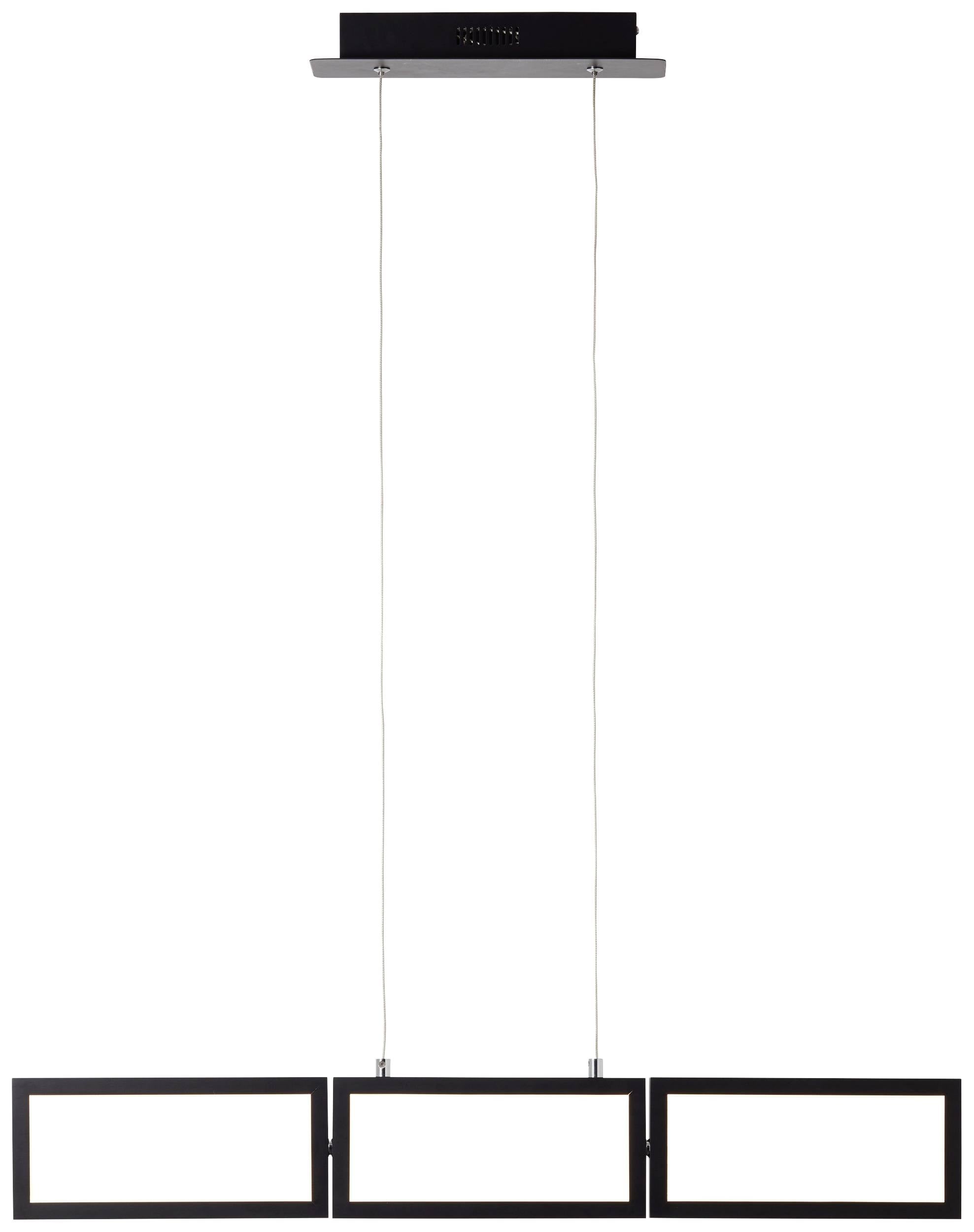 Moderne, rechthoekige hanglamp met drie zwarte frames die in één lijn zijn opgehangen. Ideaal voor minimalistisch interieurontwerp.