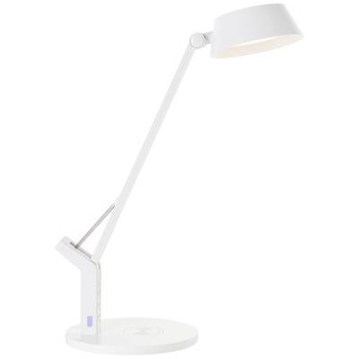 Witte, moderne bureaulamp met verstelbare arm en ronde lampenkap, op een rond voetstuk, geschikt voor verlichting van werkoppervlakken.