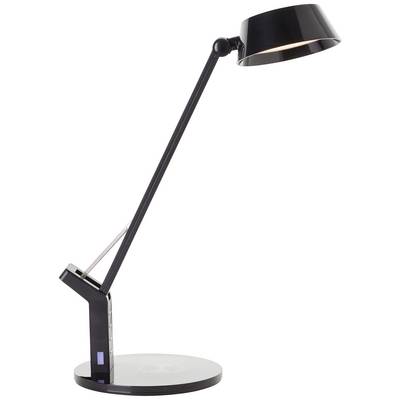 Zwart glanzende bureaulamp met verstelbare arm en ronde voet. Modern design, geschikt voor kantoor- of woningverlichting.