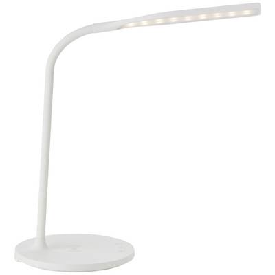 Witte led-bureaulamp met gebogen arm en rond voetstuk, geschikt voor een moderne werkomgeving.