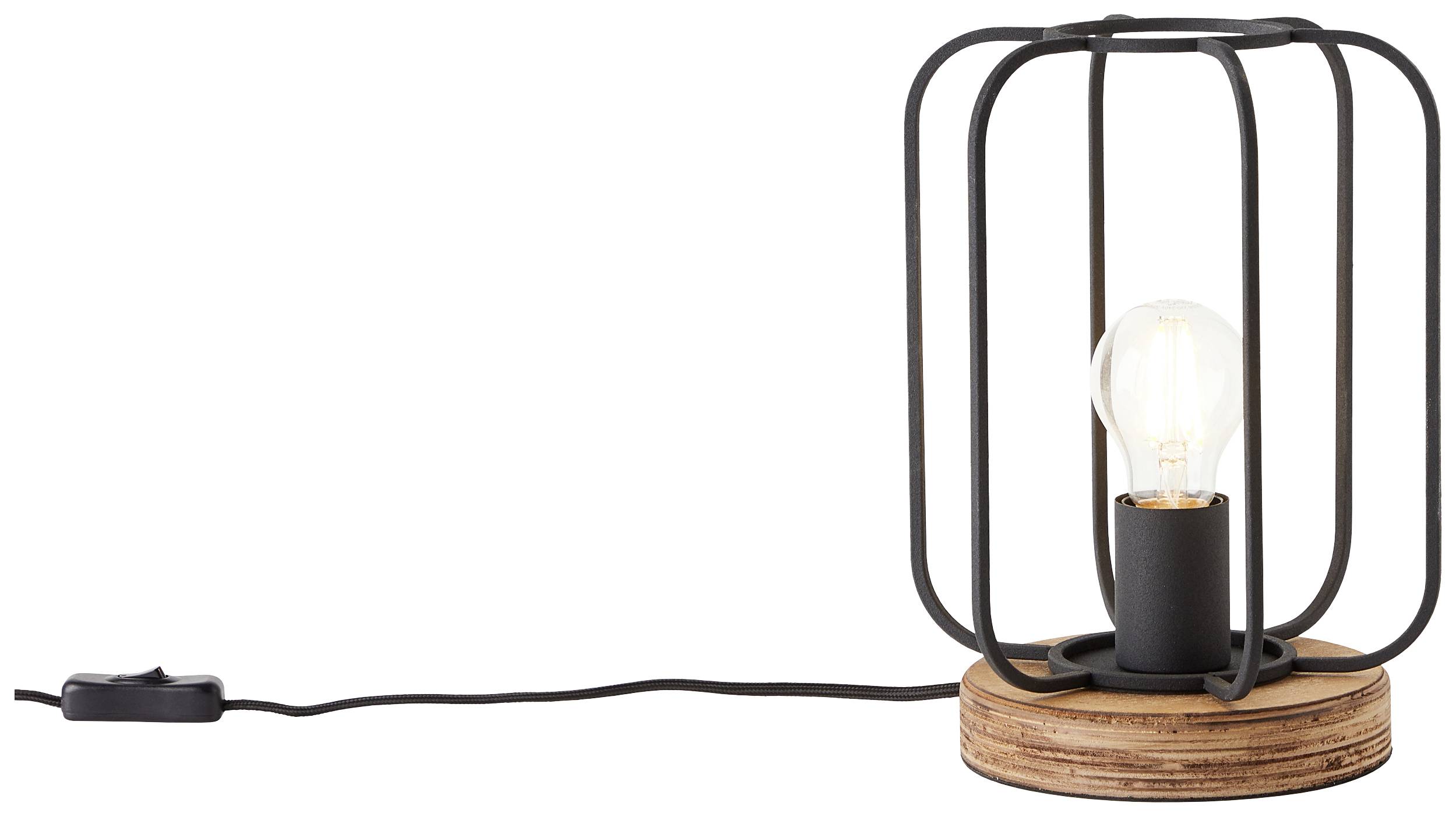 Een tafellamp met een zwart metalen frame en een houten voet. Hij heeft een zichtbare gloeilamp en een snoerschakelaar.