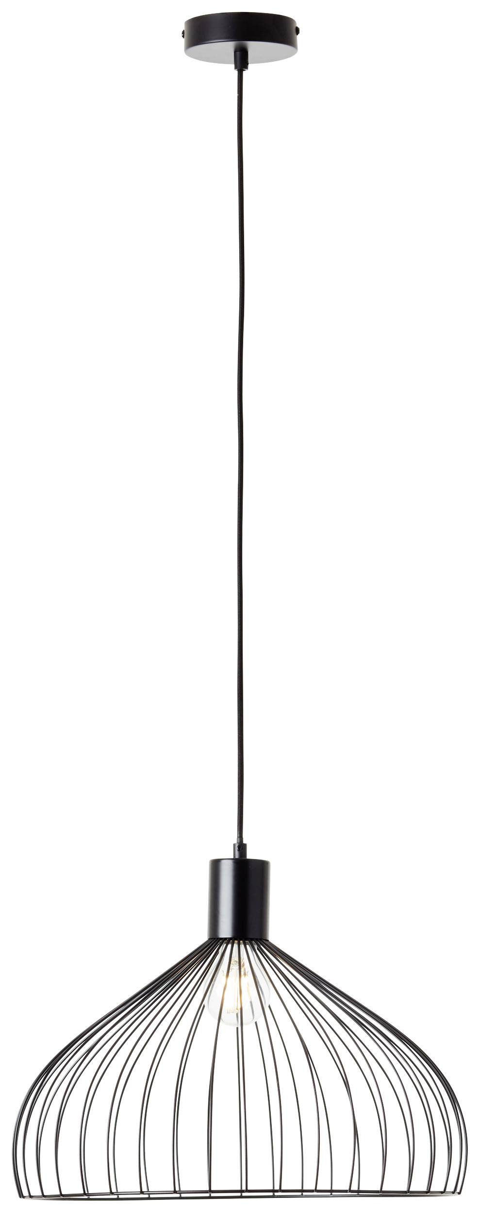 Een hanglamp met een zwarte, draadachtige kap die een gloeilamp omhult, hangt naar beneden van het plafond.