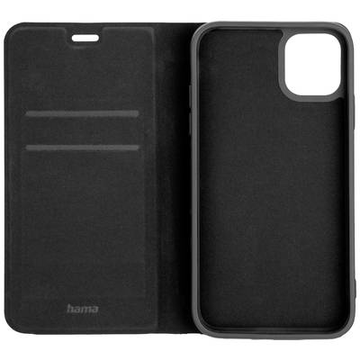 Zwart smartphone-fliphoesje geopend, toont links een vak voor kaarten en rechts een lege houder, geschikt voor een vierkaat camera-ontwerp.