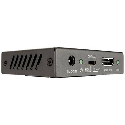 Achterzijde van een elektronisch apparaat met aansluitingen: Netvoedingsaansluiting '5V DC IN', groene stip, optische ingang, 'HDMI', 'HDMI OUT', 'LINK'.