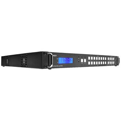 Zwarte 19-inch rackmount AV-switch met digitaal display en meerdere toetsen aan de voorzijde. Links zijn ventilatiesleuven zichtbaar.