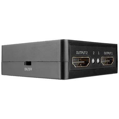 Een zwart-grijze HDMI-switch met twee uitgangen, een schakelaar en twee knoppen aan de voorkant, gemarkeerd met 'OUTPUT 1' en 'OUTPUT 2'.