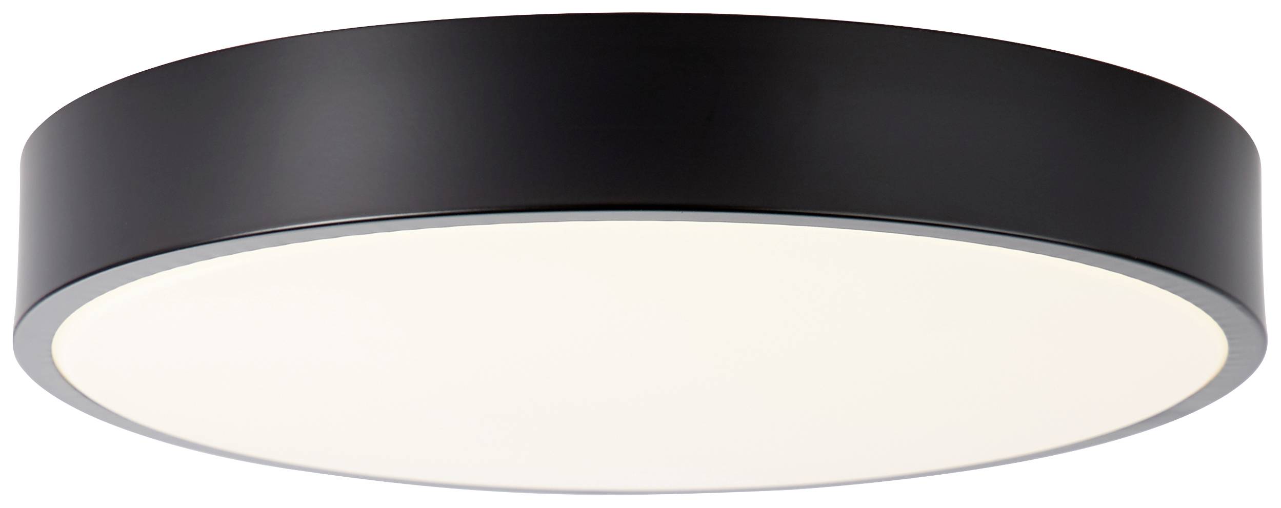 Ronde, platte plafondlamp met zwarte rand en wit lichtoppervlak, geschikt voor moderne interieurs.