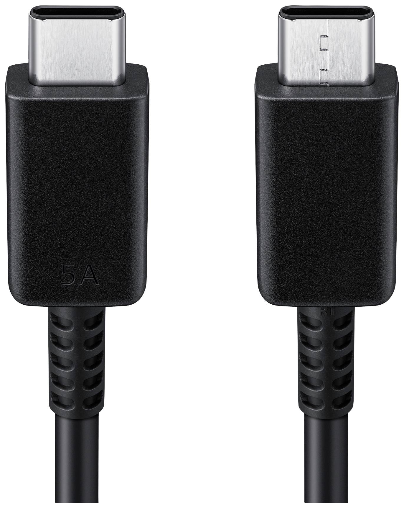 Twee USB-C-stekkers naast elkaar, beide zwart met 5A-markering. Ze zijn ontworpen voor gegevens- en stroomaansluiting.