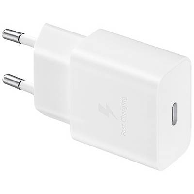 Wit USB-lader met stekkercontacten, gemarkeerd met 'Snel Opladen'.