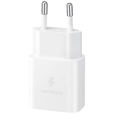 Wit oplader met twee stekkercontacten en het opschrift 'Fast Charging' eronder, met daarnaast een bliksemsymbool.