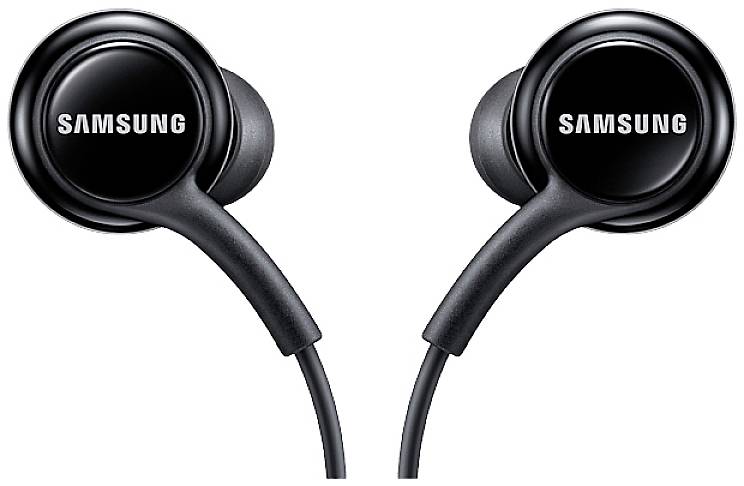 Zwarte Samsung-oordopjes close-up, met ergonomisch ontwerp en met kabel verbonden.