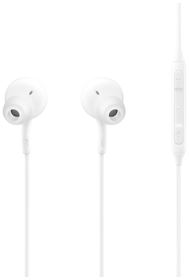 Witte in-ear koptelefoon met kabel en geïntegreerde afstandsbediening voor volume- en besturingsfuncties.