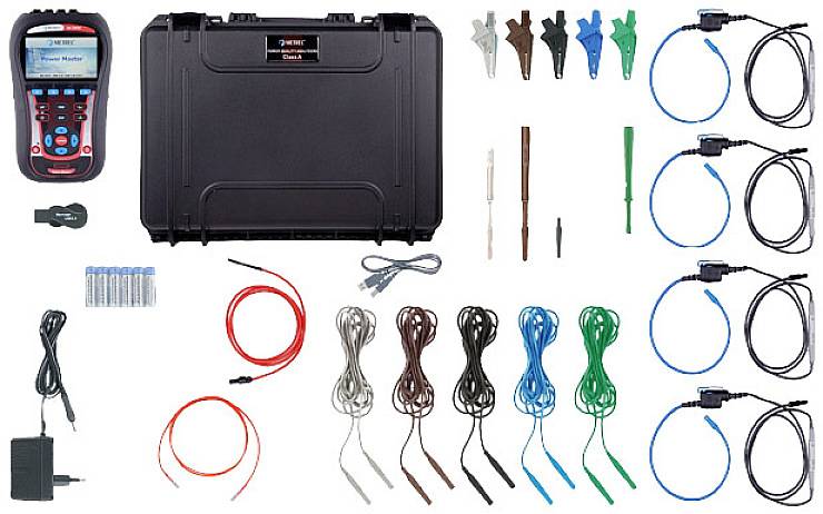 'Diagnosekit met kabels, adapters en draagtas; bevat multimeter, meetleidingen, testpennen en toebehoren.'