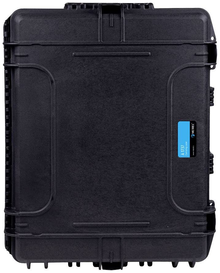 Zwarte, robuuste hardshell koffer met een blauw etiket aan de zijkant. Ontworpen voor veilig transport en bescherming van gevoelige apparatuur.
