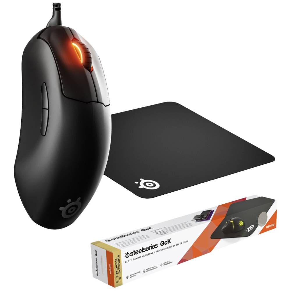 Steelseries Prime Gaming Mouse, Qck Medium Bundle Ergonomische gaming-muis Kabelgebonden Optisch Zwart 5 Toetsen 18000 dpi Ergonomisch