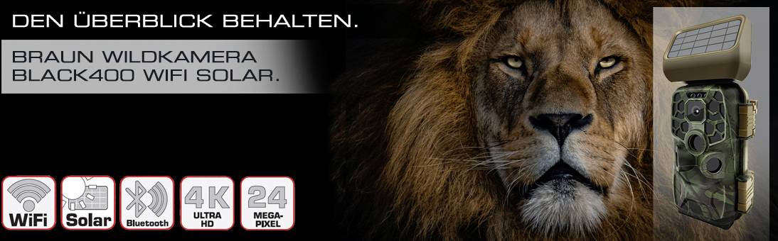 Een leeuw en een zwarte wildcamera met zonnepaneel zijn afgebeeld. Tekst: 'De controle houden. Braun Wildcamera Black400 WiFi Solar.' Pictogrammen voor WiFi, Solar, Bluetooth, 4K Ultra HD, 24 Megapixel.