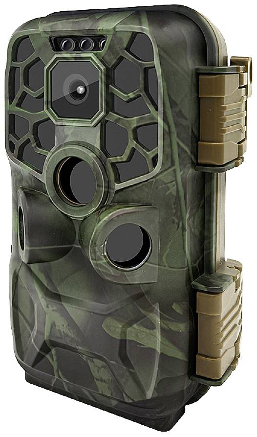 Wildcamera in camouflage-uitvoering met drie sensorlenzen en een LED-balk voor nachtzicht. Zijclip voor eenvoudige bevestiging.