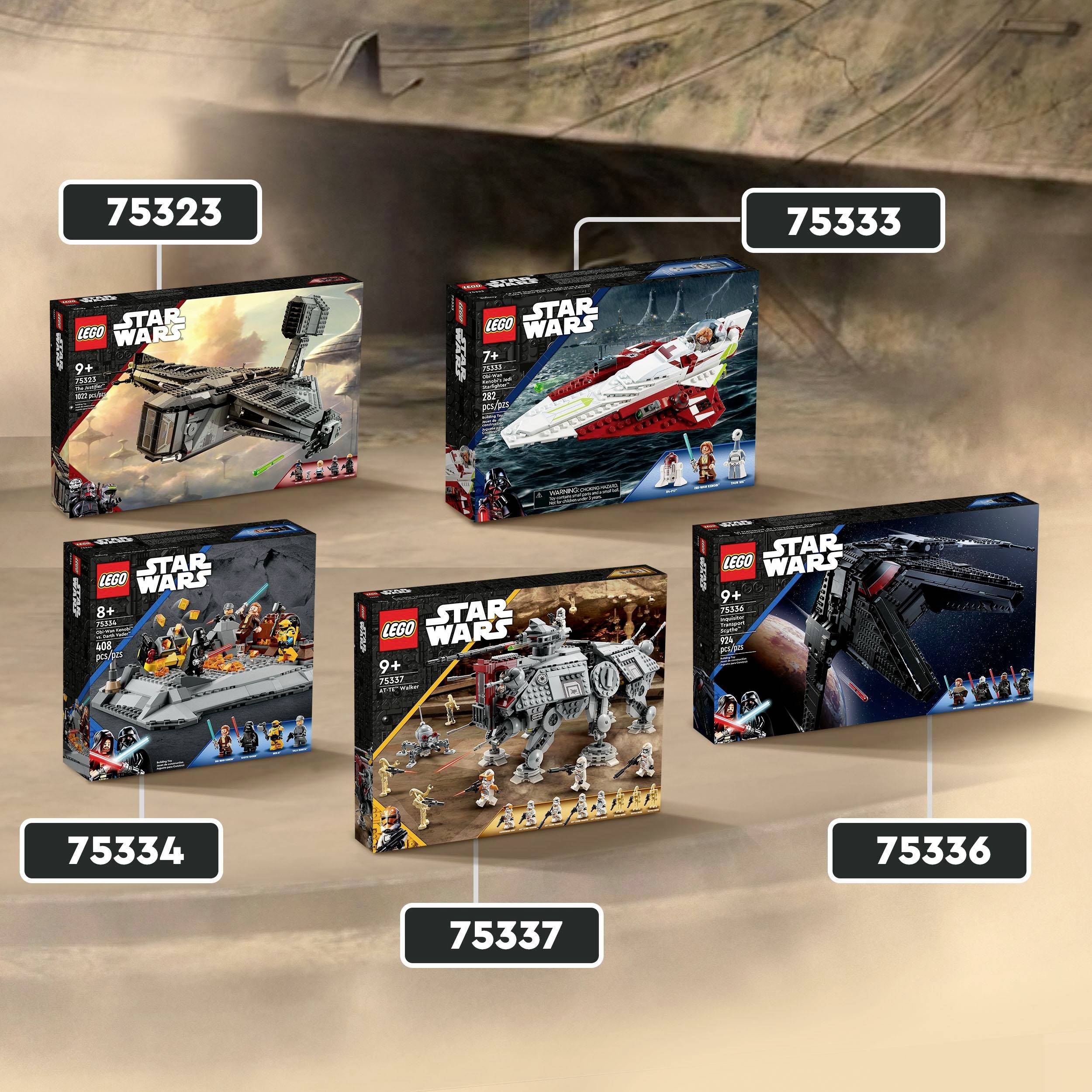 Vijf LEGO Star Wars sets tegen een zandachtergrond, genummerd van 75323 tot 75336, tonen verschillende ruimteschepen en gevechtstaferelen.