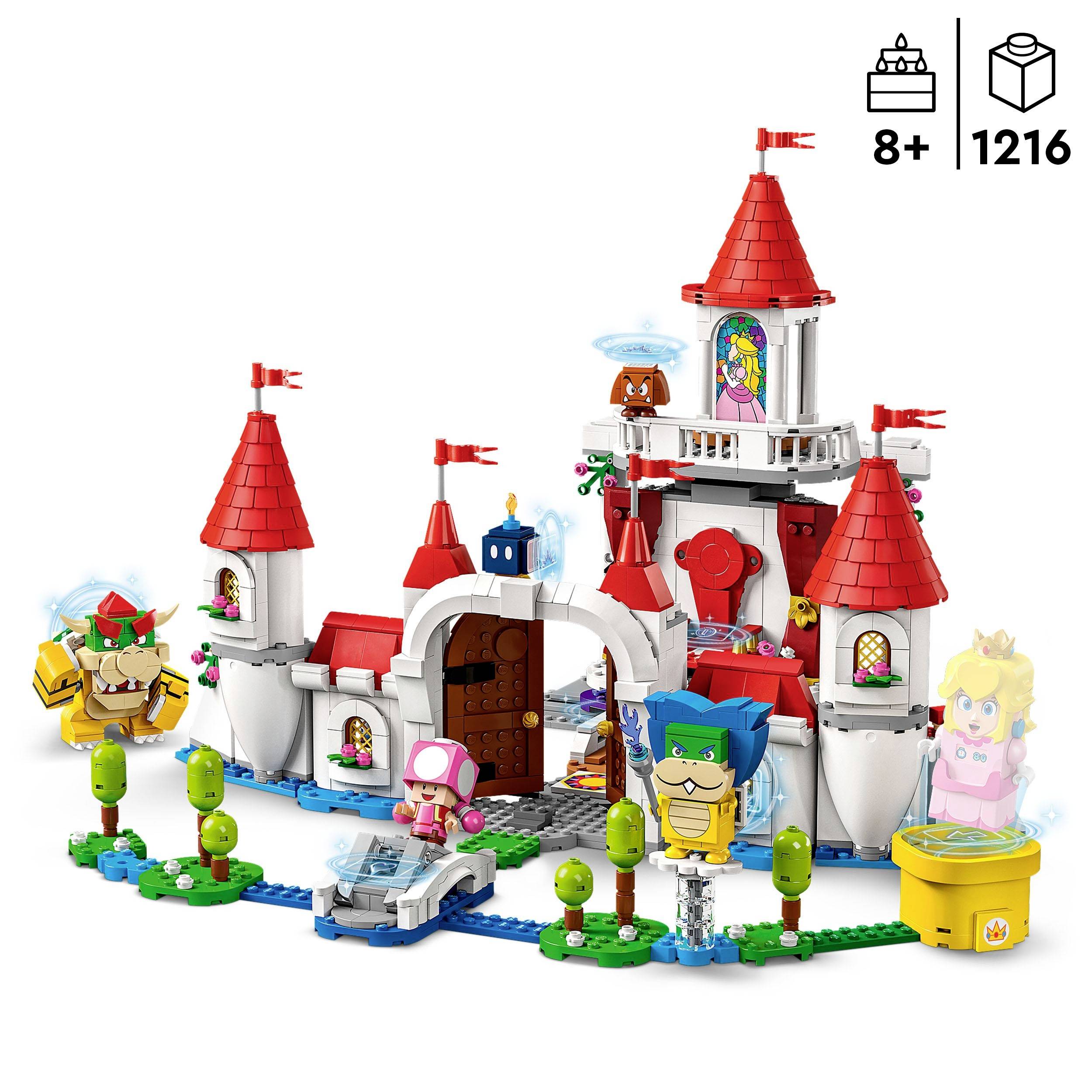 Lego-set: Kleurrijk kasteel met rode torens, figuren zoals Toadette en Bowser. Aanbevolen vanaf 8 jaar, bevat 1216 onderdelen.