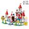 Lego-set: Kleurrijk kasteel met rode torens, figuren zoals Toadette en Bowser. Aanbevolen vanaf 8 jaar, bevat 1216 onderdelen.