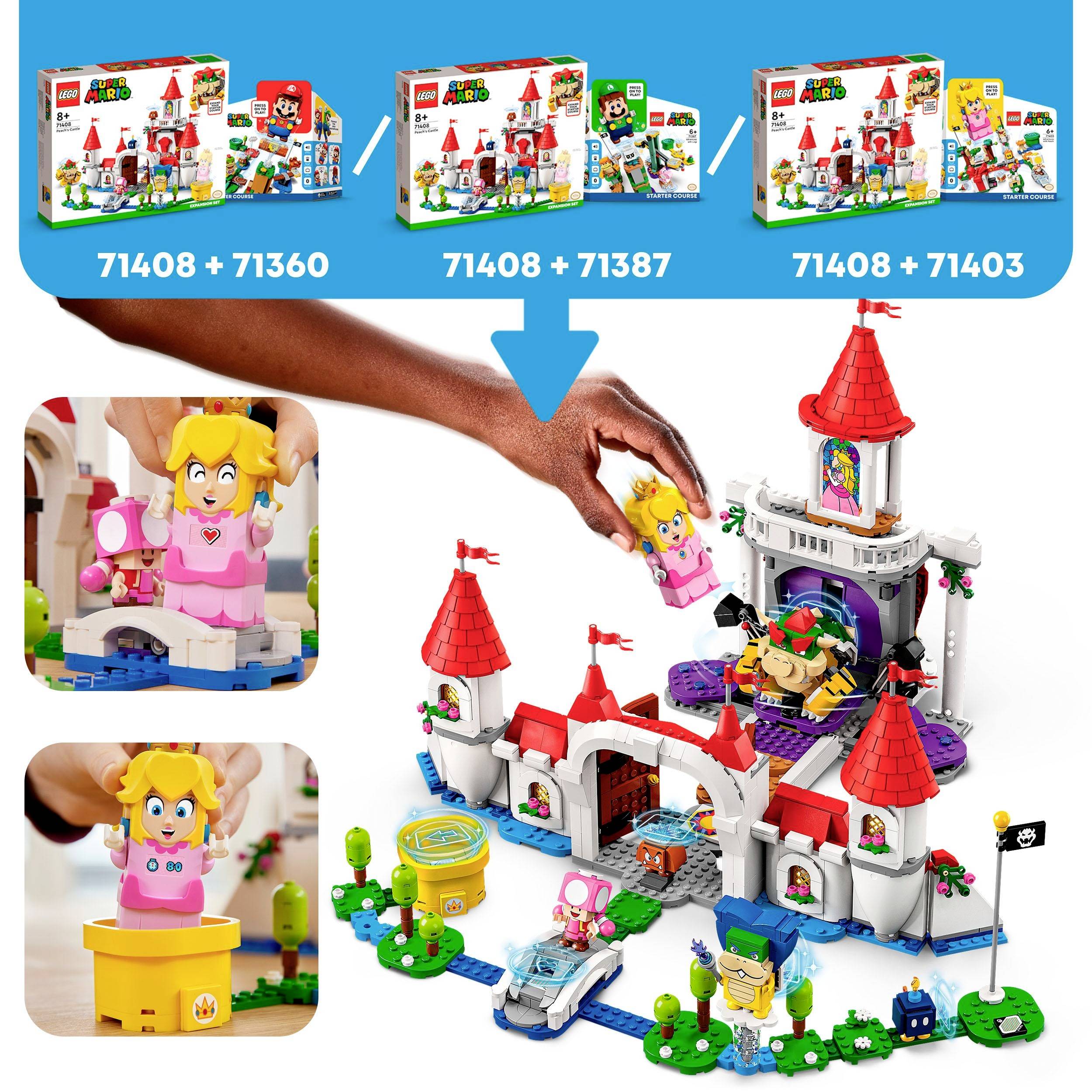 Lego Super Mario Kasteel-set met meerdere figuren en bouwstenen waarmee een groot kasteel kan worden gebouwd. Verpakkingen in het bovenste beeldgedeelte.