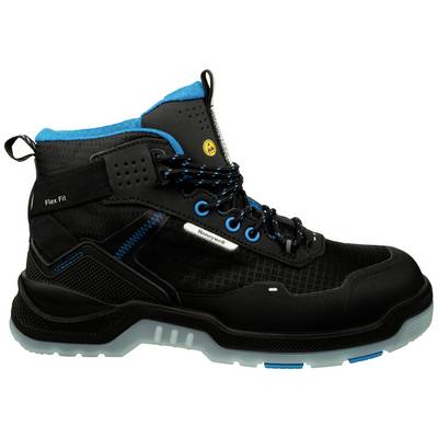 Zwarte veiligheidsschoenen met blauwe details, merklogo aan de zijkant, stabiele zool en veters, geschikt voor werkomgevingen.
